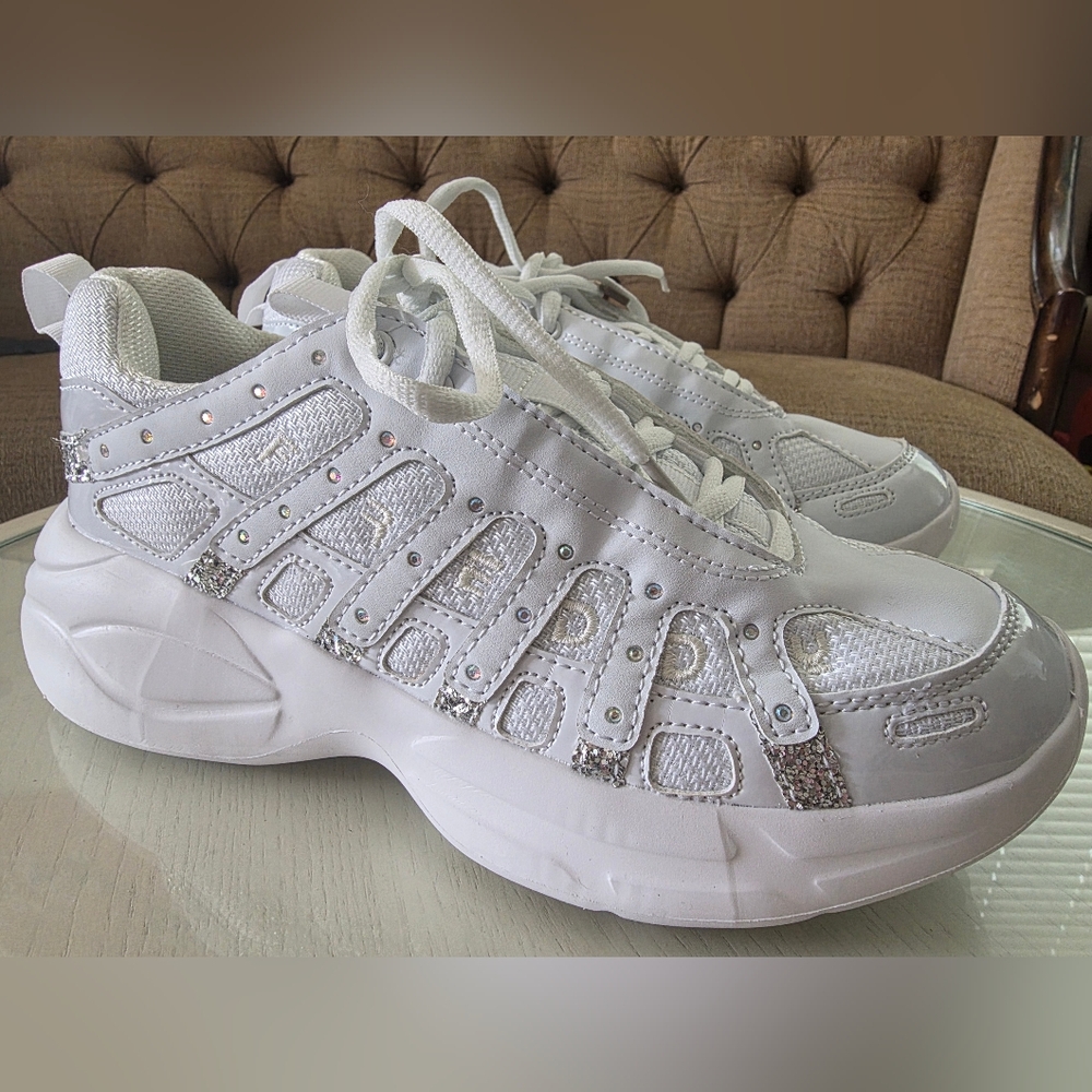 Freddy Rhinestone Silver Metallic Glitter White Women Sneaker Shoes EU41/ US 10